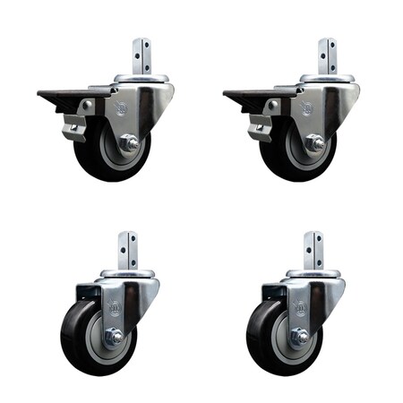 Service Caster 3'' Black Polyurethane Wheel Swivel 7/8'' Square Stem Caster Set 2 Brakes, 4PK SCC-SQ20S314-PPUB-BLK-PLB-78-2-S-2